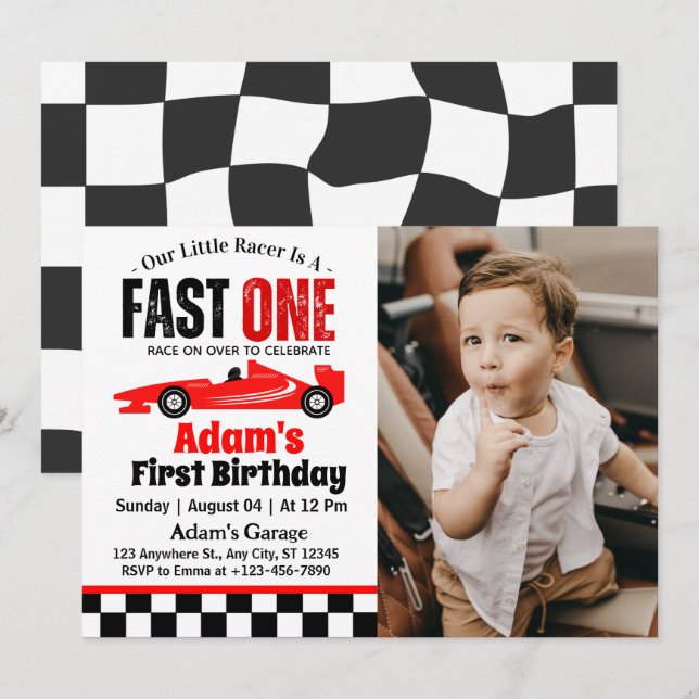 Fast One Red Race Car Boy 1st Birthday Party  Invitation (Front/Back)