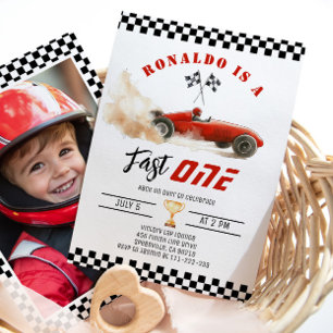 Fast One Red race car Boy 1st Birthday Photo Invitation