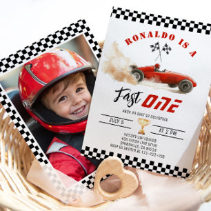 Fast One Red race car Boy 1st Birthday Photo Invitation