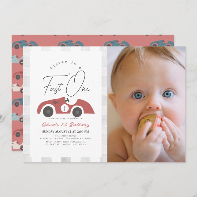 Fast One Red Race Car Boy 1st Birthday Photo Invitation (Front/Back)