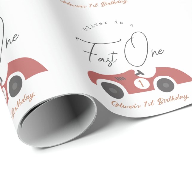 Fast One Red Race Car Boy 1st Birthday Wrapping Paper (Roll Corner)