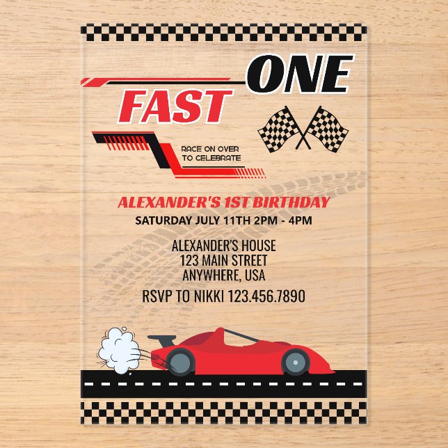 Fast one red race car kids birthday  acrylic invitations (Front)