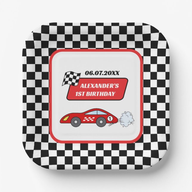 Fast one red race car racing boy 1st birthday  paper plate (Front)
