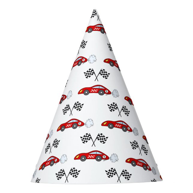 Fast one red retro race car chequered flags racing party hat (Front)