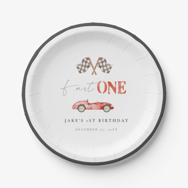 Fast ONE Red Retro Race Car Paper Plates (Front)