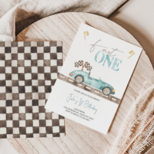 Fast ONE Retro Race Car Birthday Invitation 