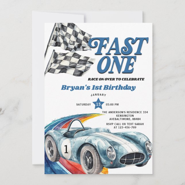 Fast One Vintage Blue Race Car Boy First Birthday Invitation (Front)