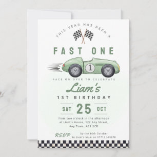 Fast One Vintage Car 1st Birthday Invite GREEN