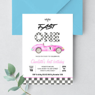 Fast ONE Vintage Pink Race Car 1st Birthday Invitation