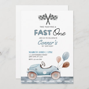Fast One Watercolor Car and Baloons First Birthday Invitation