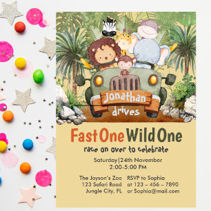 Fast One Wild One Safari Animals Car 1st Birthday Invitation