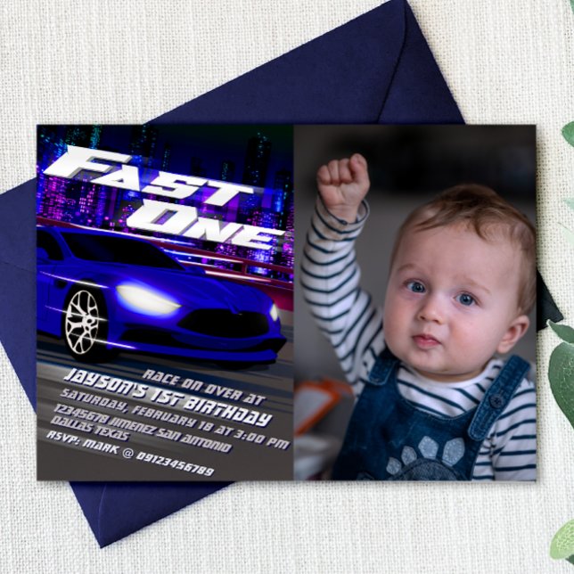 Fast One with Picture Invitation (Fast One - 1st Birthday Racing Boy Landscape Invitation with Photo)