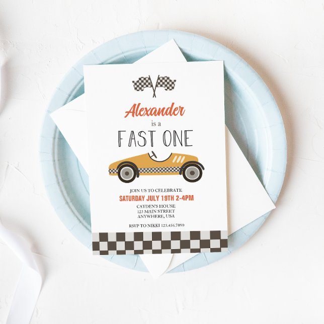 Fast One yellow Race Car Birthday Invitation (Creator Uploaded)