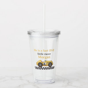 Fast One Yellow Race Car Kids First Birthday Party Acrylic Tumbler