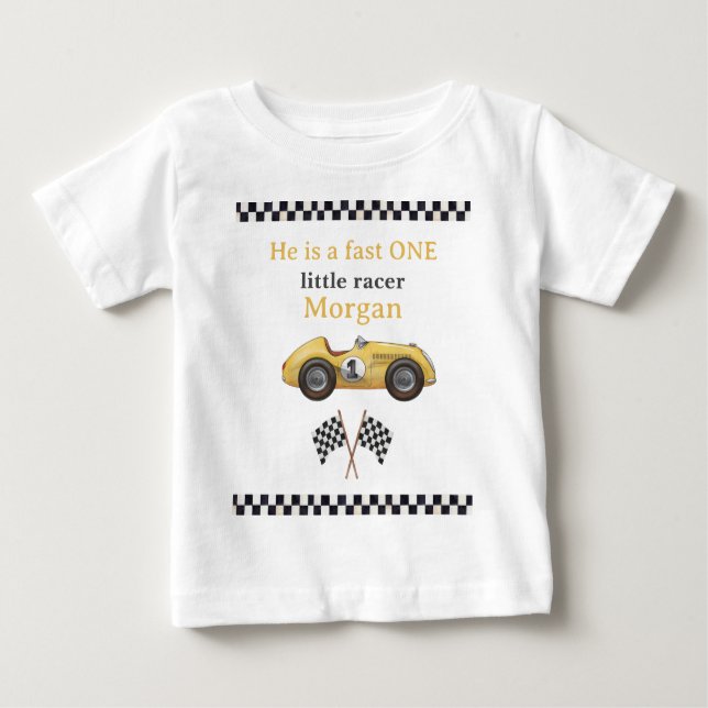 Fast One Yellow Race Car Kids First Birthday Party Baby T-Shirt (Front)