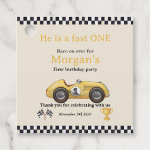 Fast One Yellow Race Car Kids First Birthday Party Favour Tags