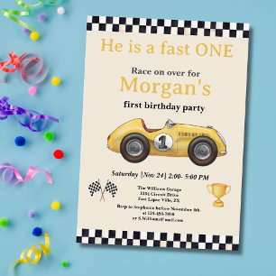 Fast One Yellow Race Car Kids First Birthday Party Invitation