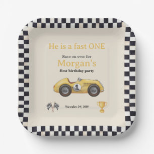 Fast One Yellow Race Car Kids First Birthday Party Paper Plate