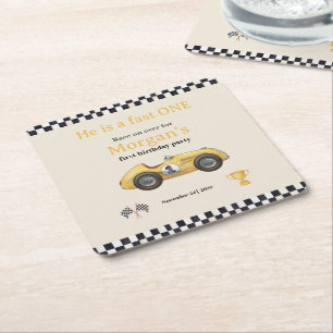 Fast One Yellow Race Car Kids First Birthday Party Square Paper Coaster