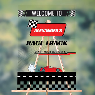 Fast retro red car race track boy birthday welcome acrylic sign