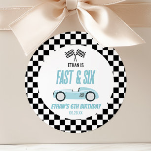 Fast & Six Blue Race Car 6th Birthday Party Classic Round Sticker