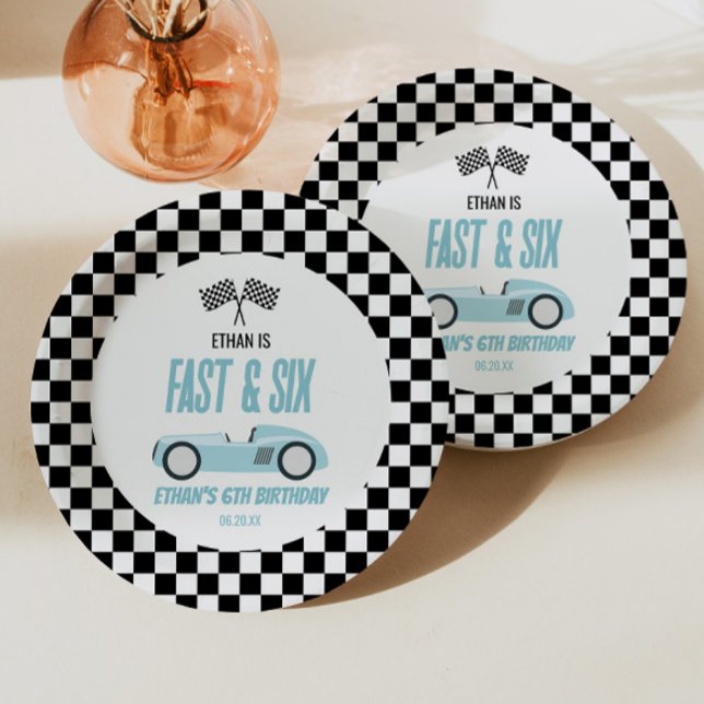 Fast & Six Blue Race Car 6th Birthday Party Paper Plate (Creator Uploaded)