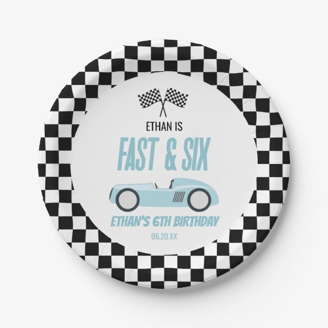 Fast & Six Blue Race Car 6th Birthday Party Paper Plate (Front)