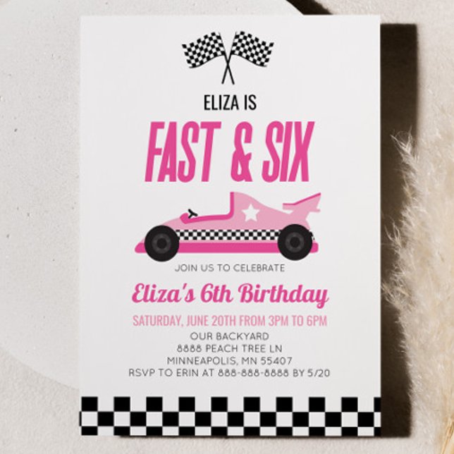Fast & Six Pink Race Car 6th Birthday Party Invitation (Creator Uploaded)
