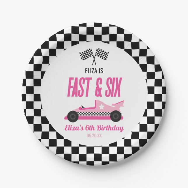 Fast & Six Pink Race Car 6th Birthday Party Paper Plate (Front)