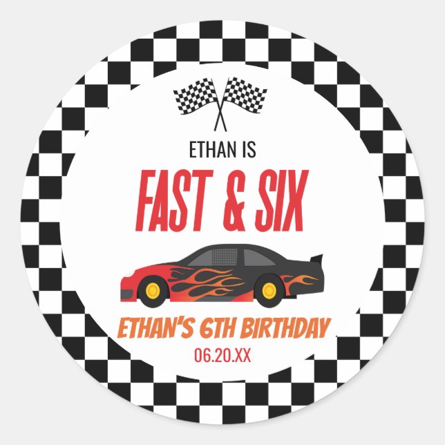 Fast & Six Red Flame Race Car 6th Birthday Party Classic Round Sticker (Front)