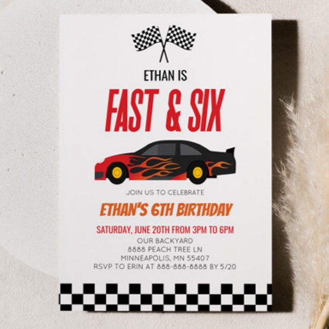 Fast & Six Red Flame Race Car 6th Birthday Party Invitation (Creator Uploaded)