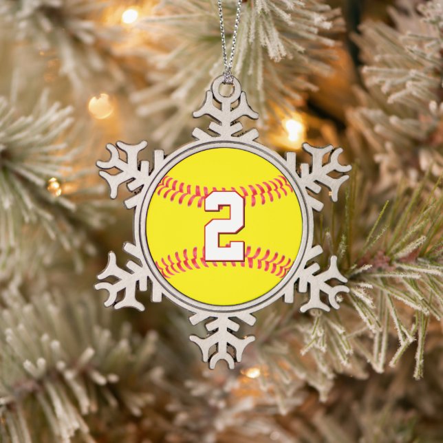 Fastpitch Softball Player Custom Jersey Number Snowflake Pewter Christmas Ornament (Tree)
