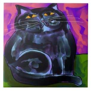 Fat Black Cat Abstract Digital Painting Ceramic Tile