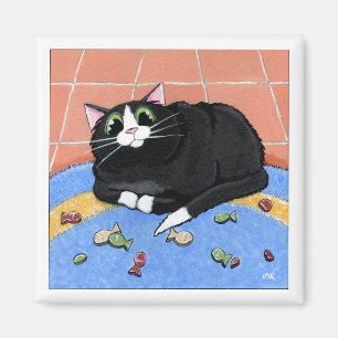 Fat Cat and a Rug of Fish Biscuits   Cat Art Magnet