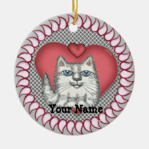 Fat Cat Heart   Ceramic Ornament