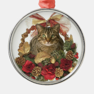 Fat cat in Christmas basket Metal Ornament