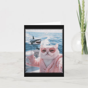 Fat Cat On A Yacht Boat With Shark Cool Funny Cat Card