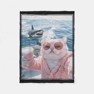 Fat Cat On A Yacht Boat With Shark Cool Funny Cat  Fleece Blanket