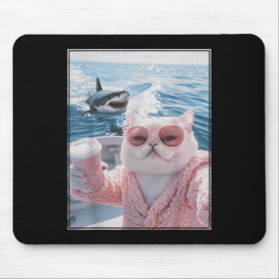 Fat Cat On A Yacht Boat With Shark Cool Funny Cat Mouse Pad