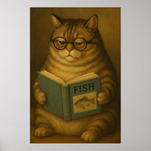 Fat Cat Reading Book, Vintage Poster, Art Poster