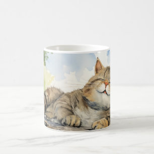 Fat Cat Relaxing On Tree Trunk Animal Fun Happy Coffee Mug