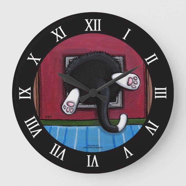 Fat Cat Stuck in Cat Flap - Bit of a Squeeze Large Clock (Front)
