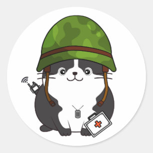 Fat Cat Wearing army helmet Classic Round Sticker