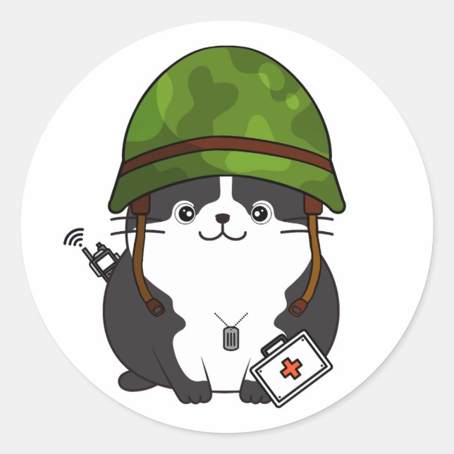Fat Cat Wearing army helmet Classic Round Sticker (Front)