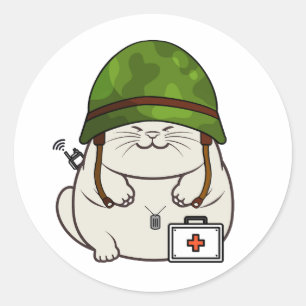 Fat Cat Wearing army helmet Classic Round Sticker
