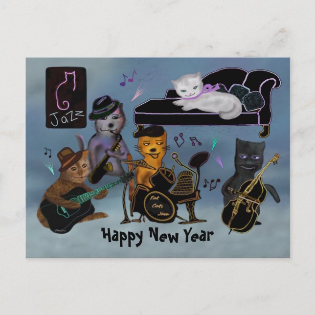 Fat Cats New Year Jam Holiday Postcard (Front)