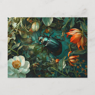 Fat Dung Beetle Between Dahlia Blooms Illustration Postcard
