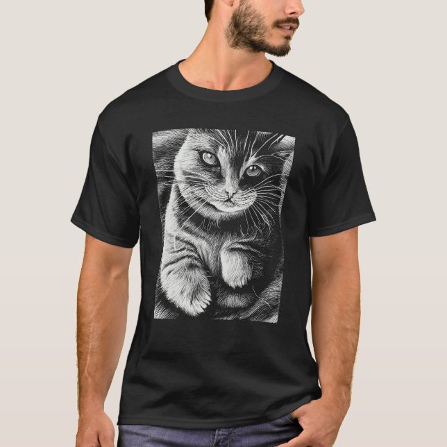 Fat Gray Cat Monochrome Kitten T-Shirt (Front)