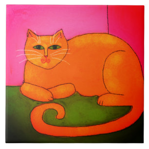 Fat Orange Cat Abstract Digital Painting Ceramic Tile