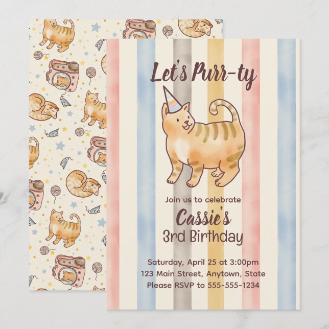 Fat Orange Watercolor Cat Birthday Collection Invitation (Front/Back)